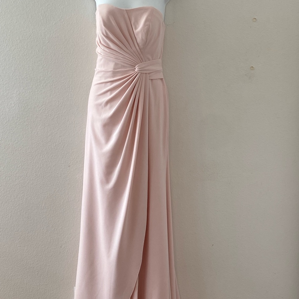 Azazie full length dusty pink strapless evening gown